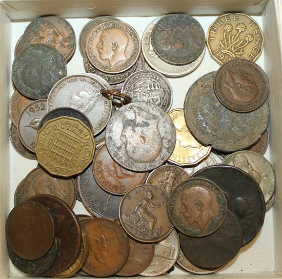 Two 1/10oz Britannia Fine Gold £10 proof coins, George III halpenny (F-G), small Q GB & world coinage etc
